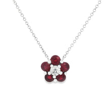 18k White Gold Diamond & Ruby Flower Pendant