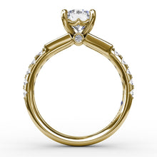 Fana Three-Stone Round Diamond Engagement Ring With Bezel-Set Baguettes and Diamond Band